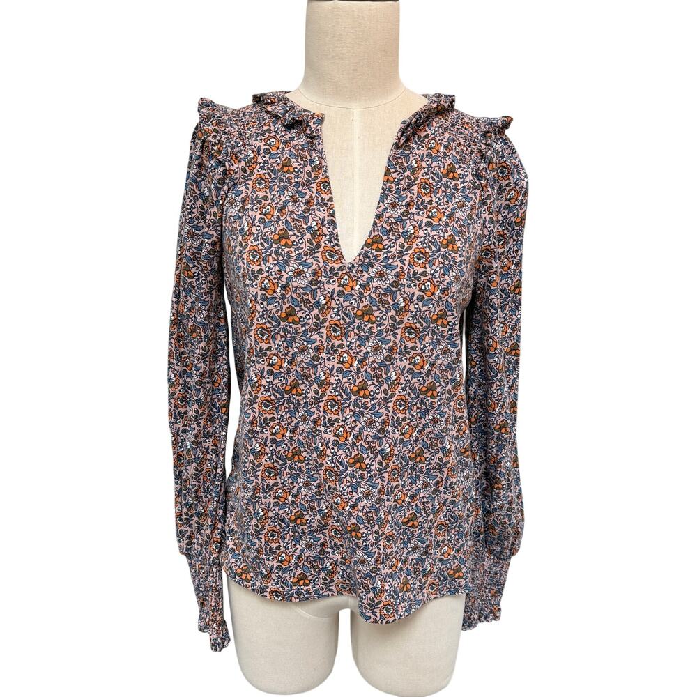 Boden Floral Notch Neck Smocked Frill Pink Orange/Blue Floral Top Szie 4